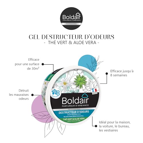 BOLDAIR Destructeur d'Odeurs en Gel Thé Vert/Aloe Vera - Neutralise Mauvaises Odeurs & Parfume l'Air - Made in France - 