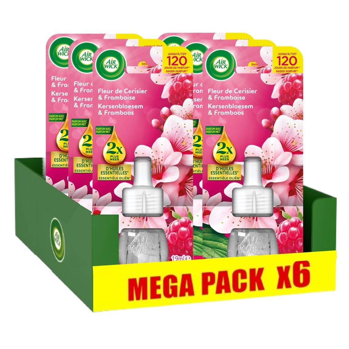 Air Wick - Lot de 6 Recharges Désodorisant électrique huiles essentielles Fleur de Cerisier & Framboise pour la maison
