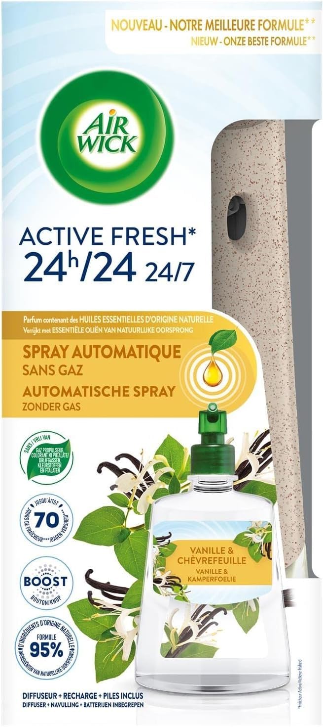 Air Wick Active Fresh - Diffuseur automatique en spray + recharge vanille et chèvrefeuille 228 ml pour maison en besoin 