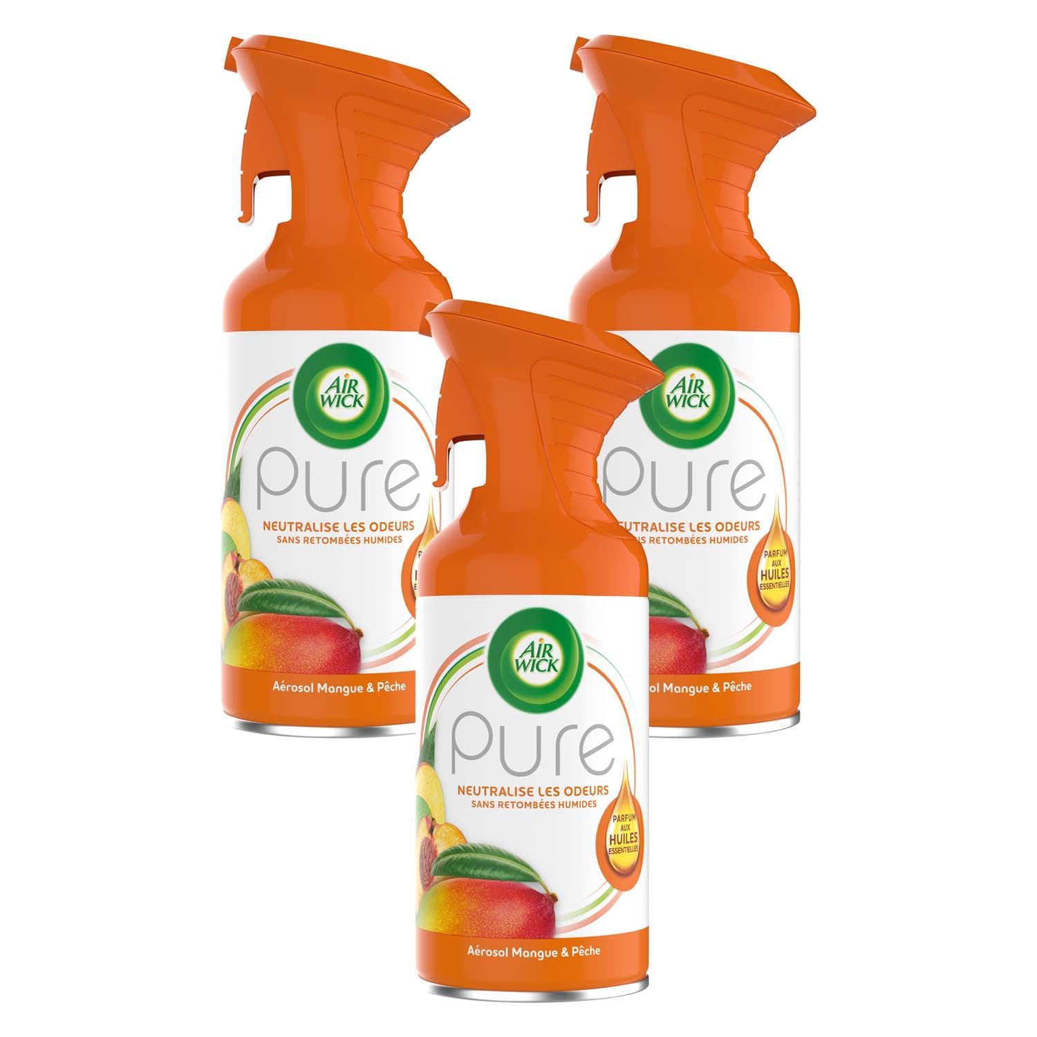Air Wick - Spray aérosol désodorisant Pure Huiles Essentielles Mangue & Pêche | Pour la maison | Idéal pour l'été | Natu
