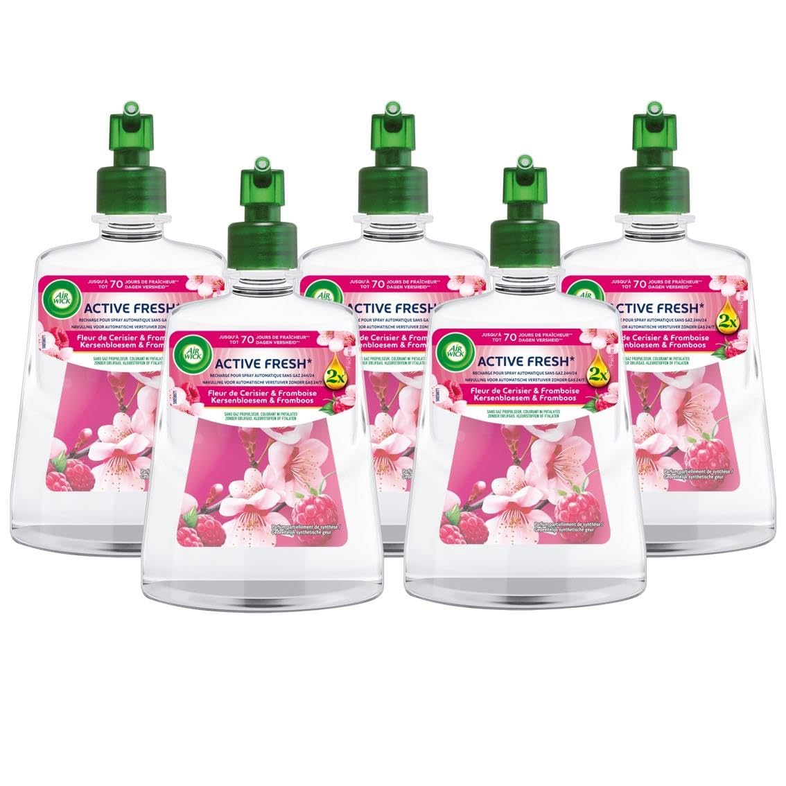 Air Wick - Lot de 5 recharges pour spray automatique sans gaz Fleur de Cerisier et Framboise parfaite pour la maison