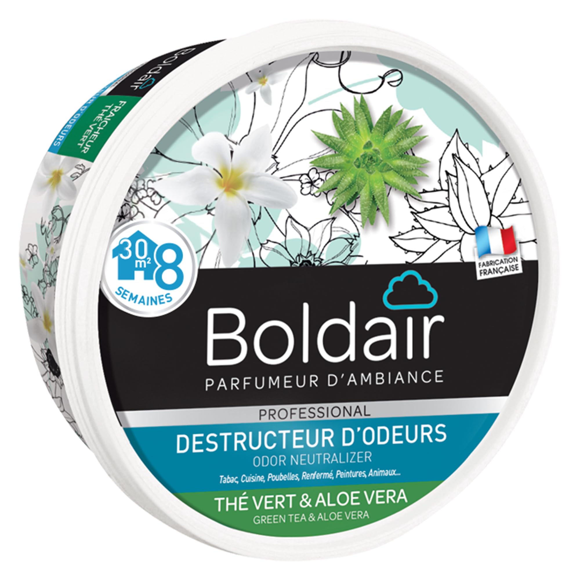 BOLDAIR Destructeur d'Odeurs en Gel Thé Vert/Aloe Vera - Neutralise Mauvaises Odeurs & Parfume l'Air - Made in France - 
